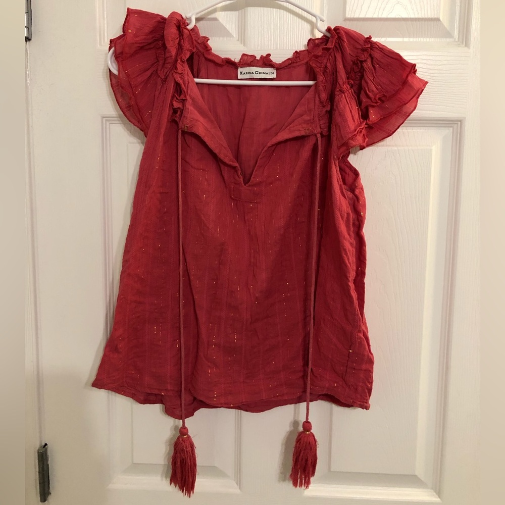 Karina Grimaldi Pink & Metallic, Flutter sleeve Tassel Top , size medium